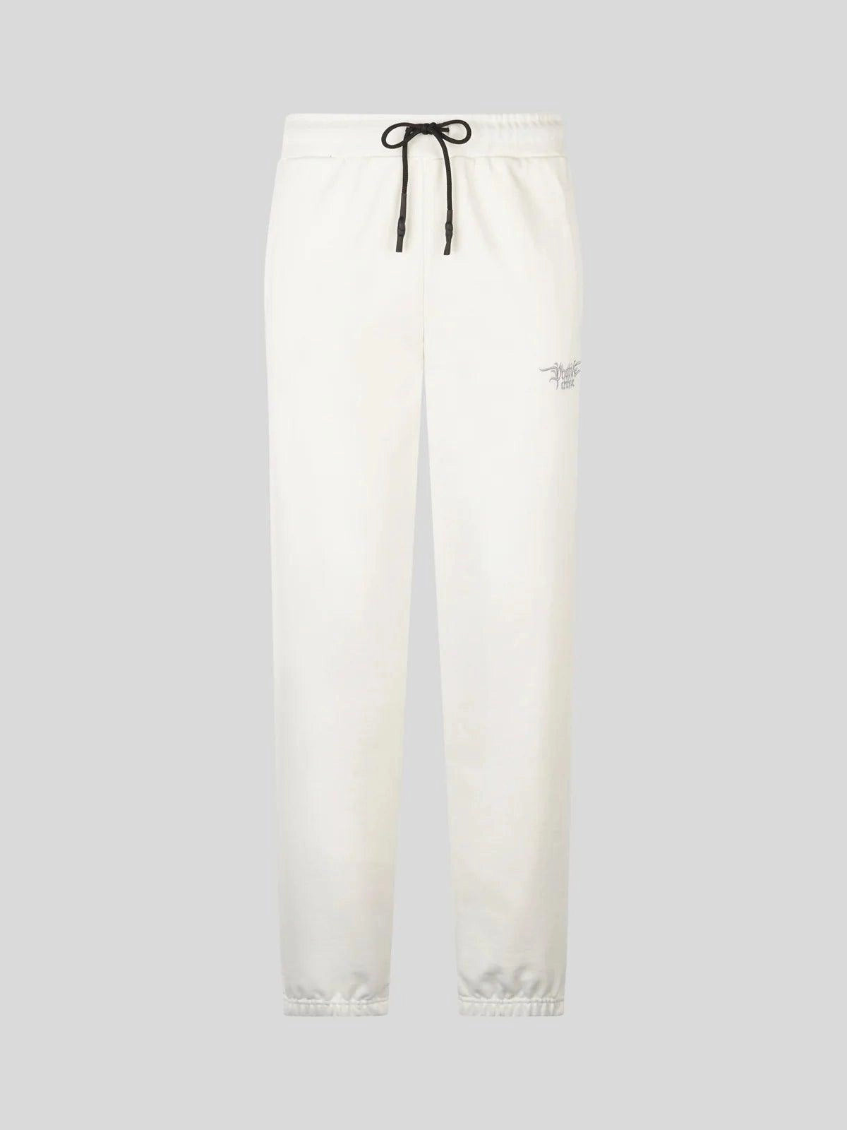 White pants with embroidered logo