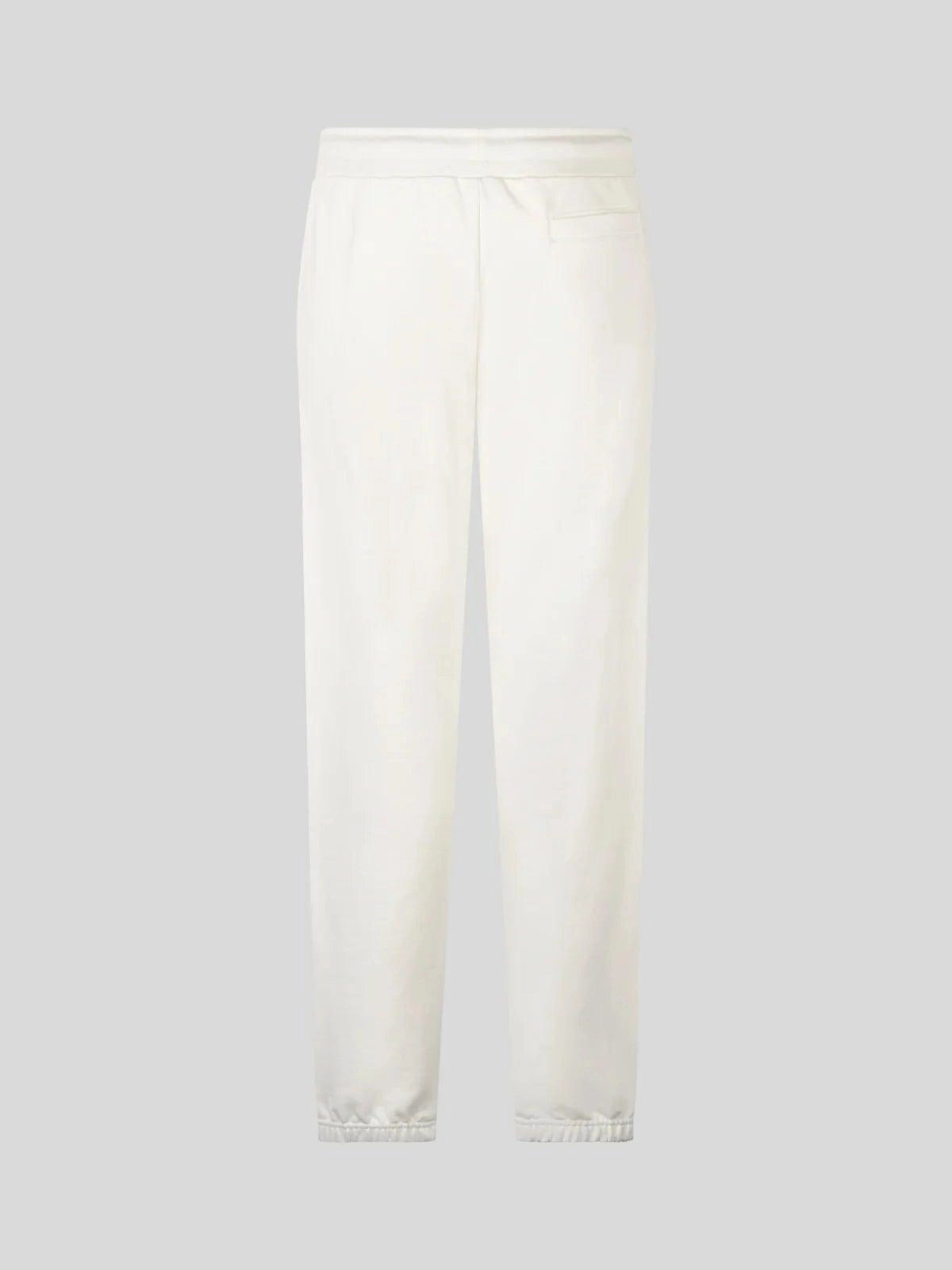 White pants with embroidered logo