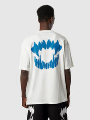 White t-shirt with blue mouth puffy print