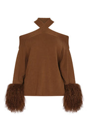 CRISS CROSS SWEATER WITH SHEARLING CUFFS IN MONK سويتر 