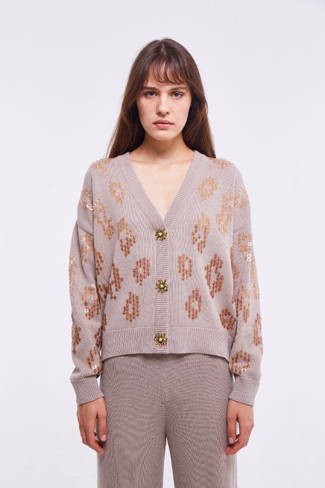 EMBELLISHED CARDIGAN IN LIGHT STONE كارديقان 