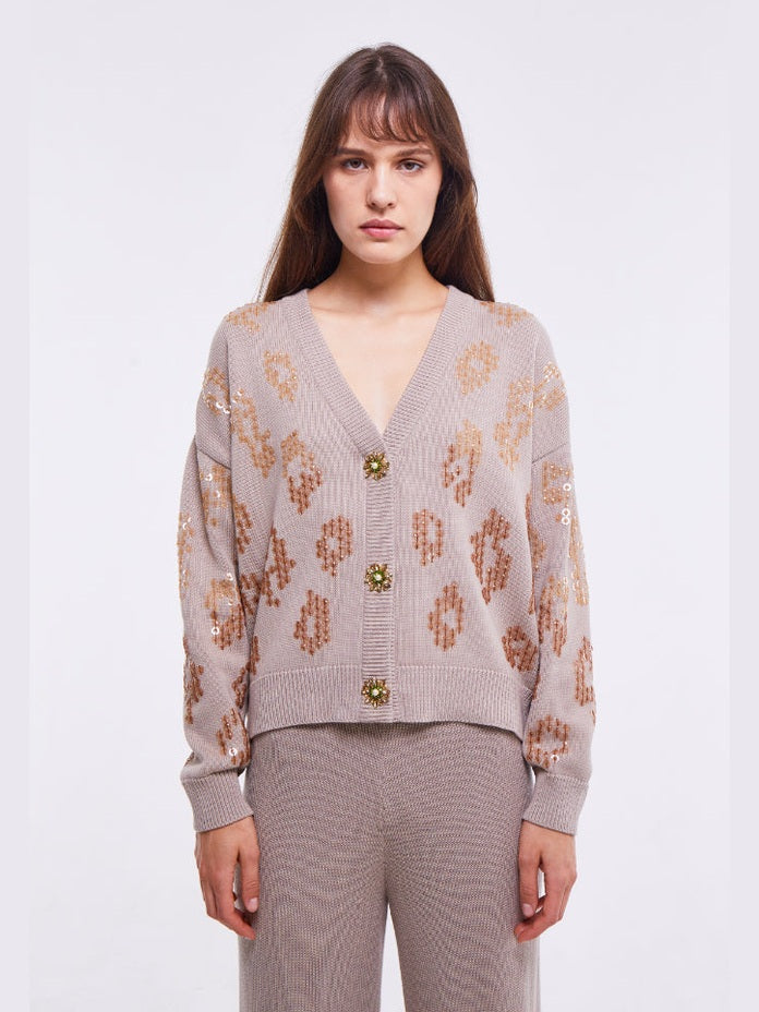 EMBELLISHED CARDIGAN IN LIGHT STONE كارديقان 