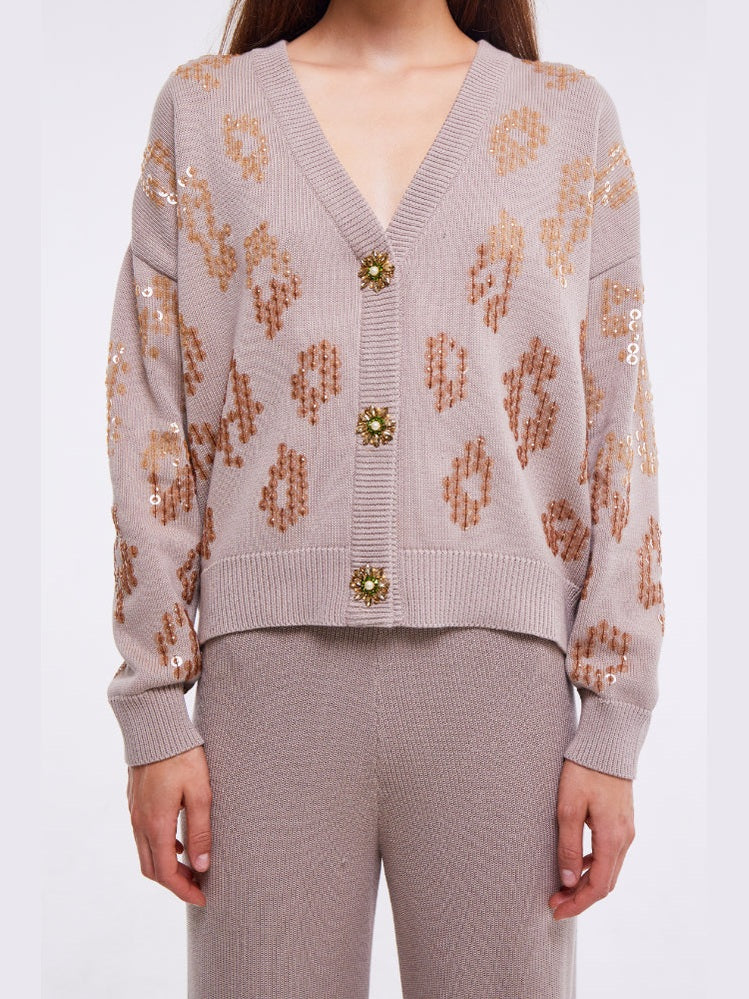 EMBELLISHED CARDIGAN IN LIGHT STONE كارديقان 