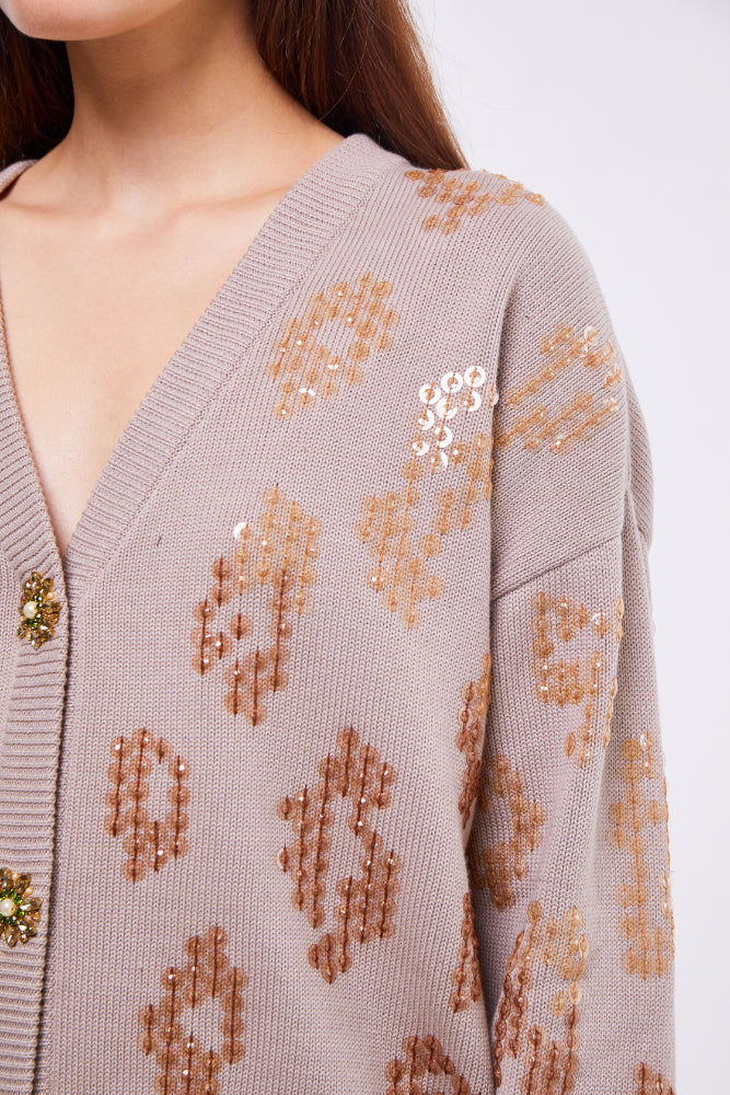 EMBELLISHED CARDIGAN IN LIGHT STONE كارديقان 