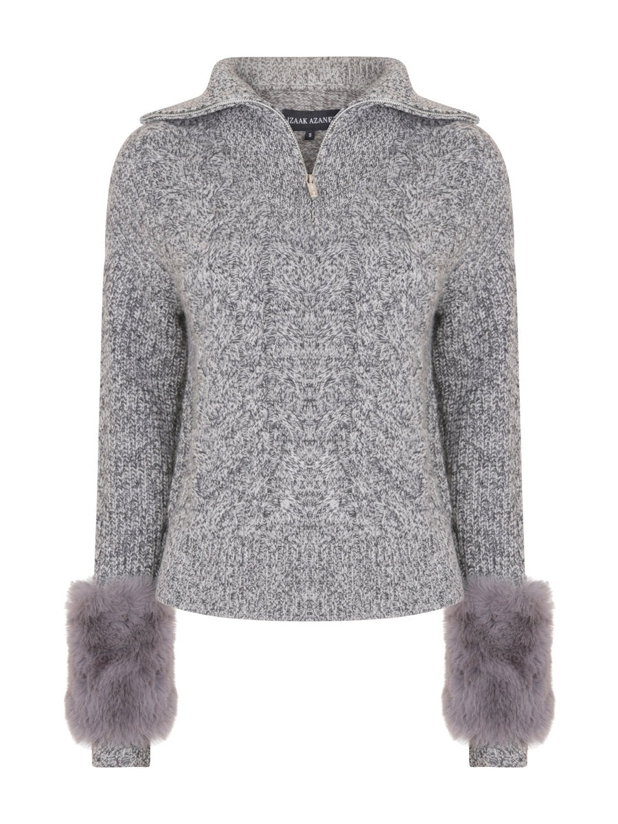 The zip up pullover with faux fur cuffs in ink
