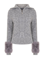The zip up pullover with faux fur cuffs in ink