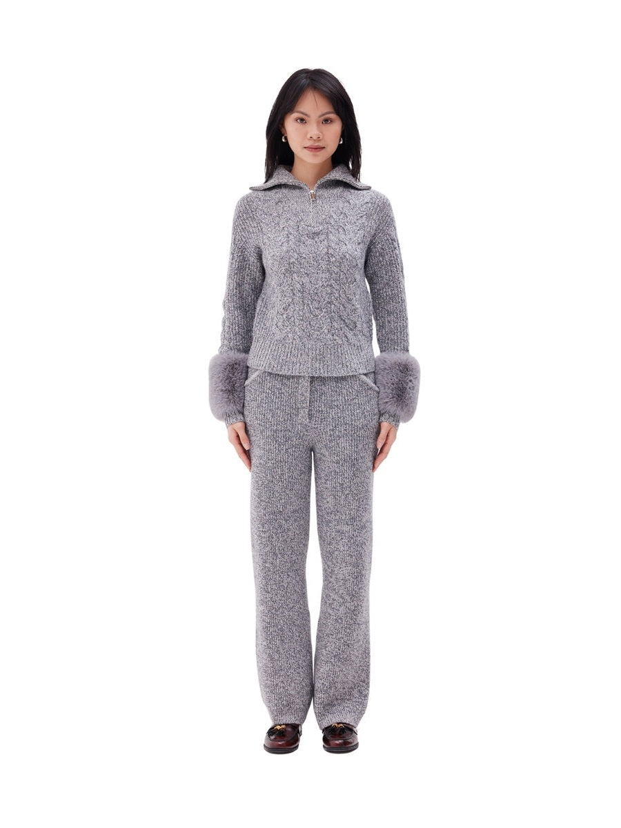 The zip up pullover with faux fur cuffs in ink