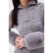 The zip up pullover with faux fur cuffs in ink