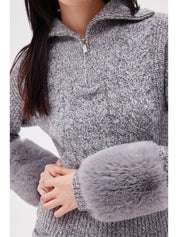 The zip up pullover with faux fur cuffs in ink
