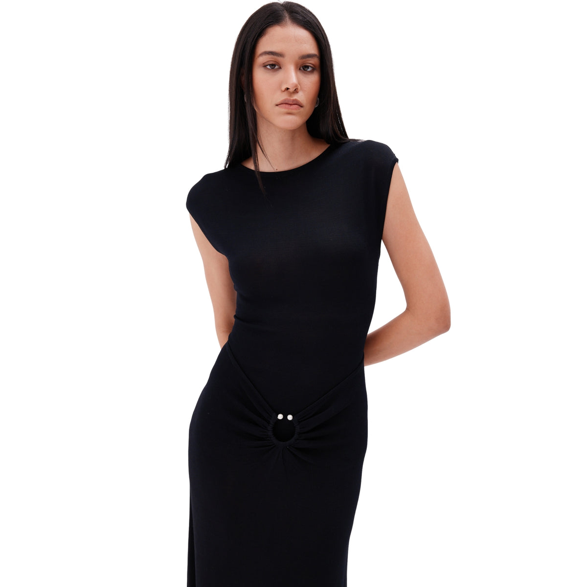 The metal detail boat neck maxi dress in black