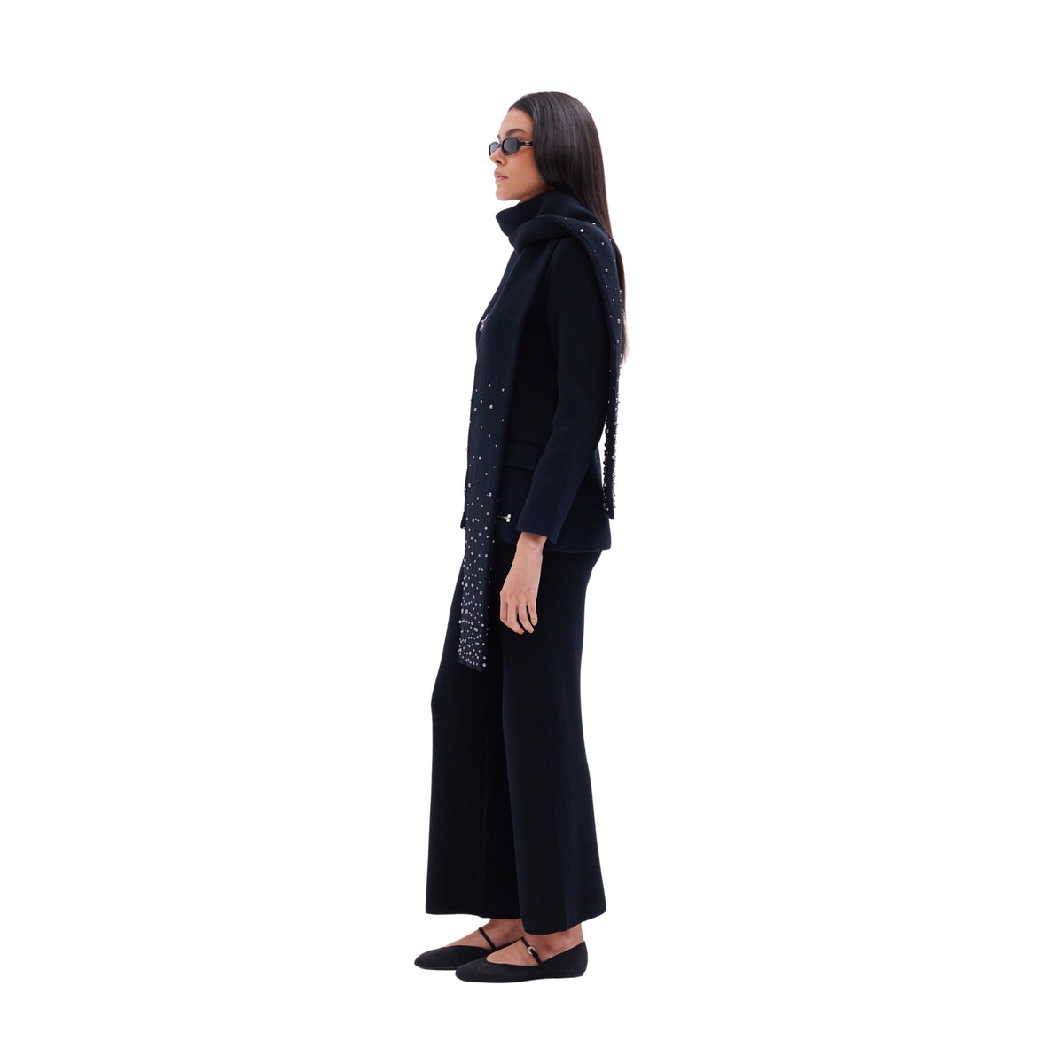 The button detail nehru collar jacket with matching scarf in black