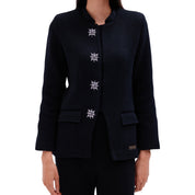 The button detail nehru collar jacket with matching scarf in black