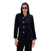 The button detail nehru collar jacket with matching scarf in black