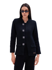 The button detail nehru collar jacket with matching scarf in black