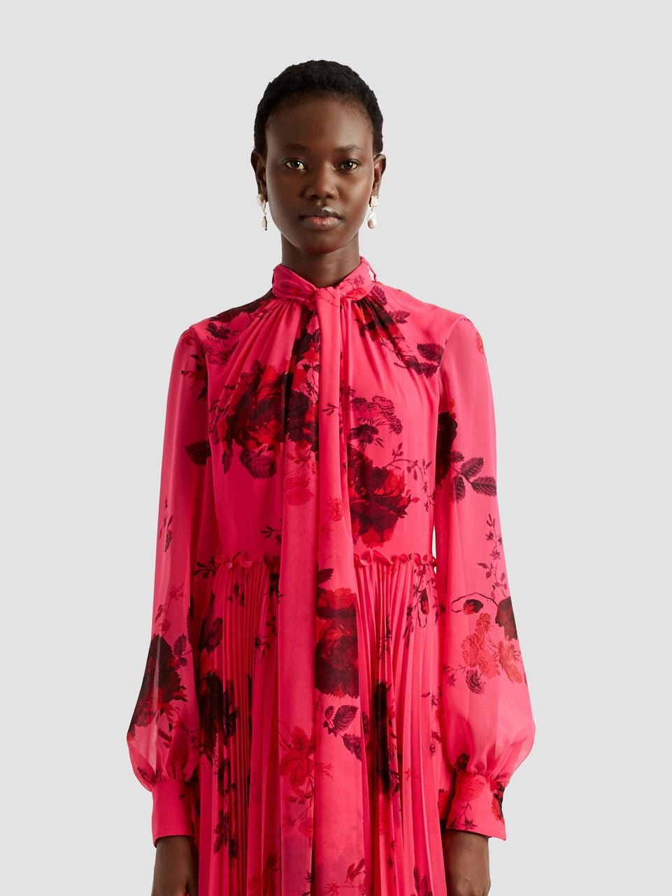 Blouson sleeve gown blouson sleeve with neck tie gown