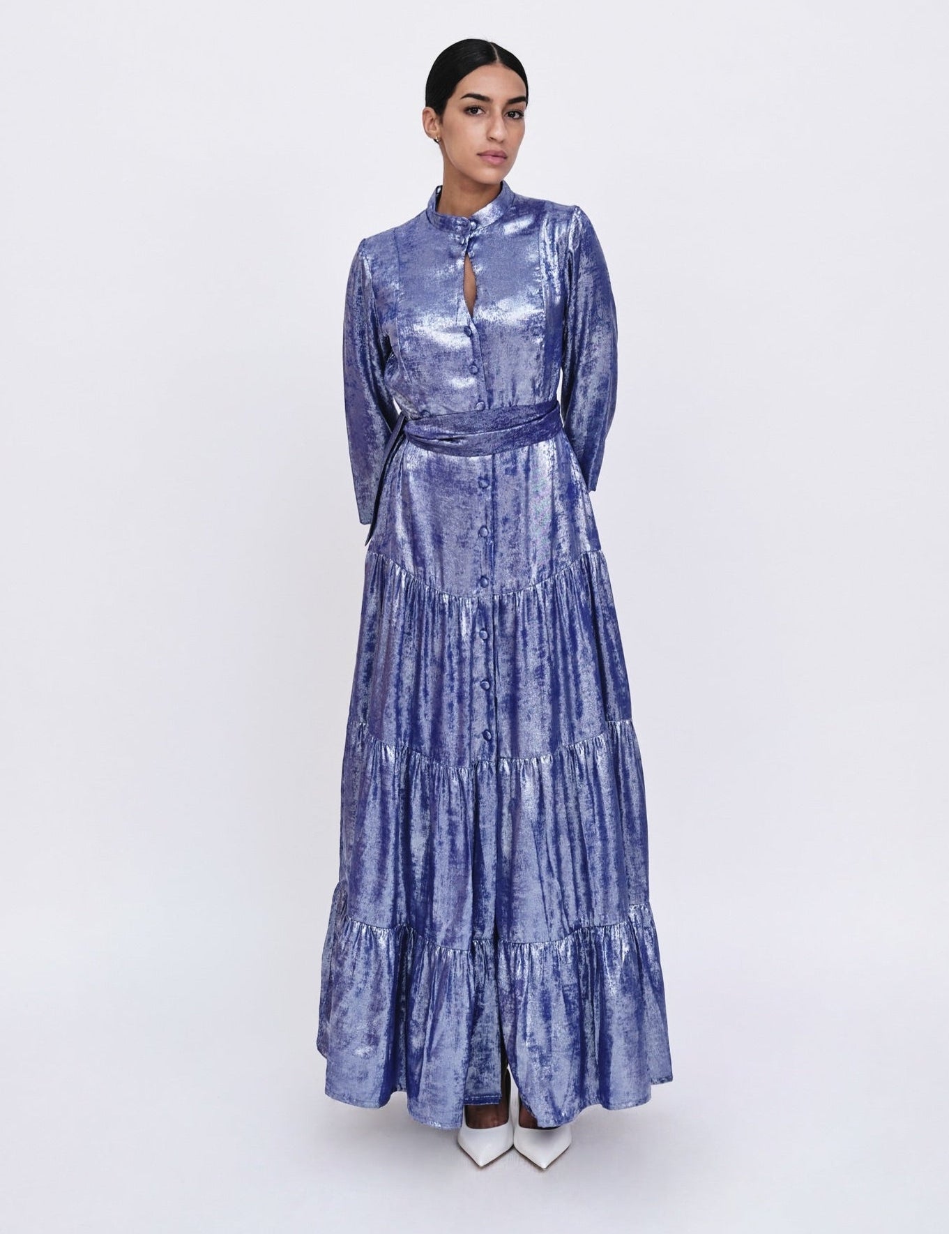 Salvia Metallic-Foil Maxi Shirt Dress