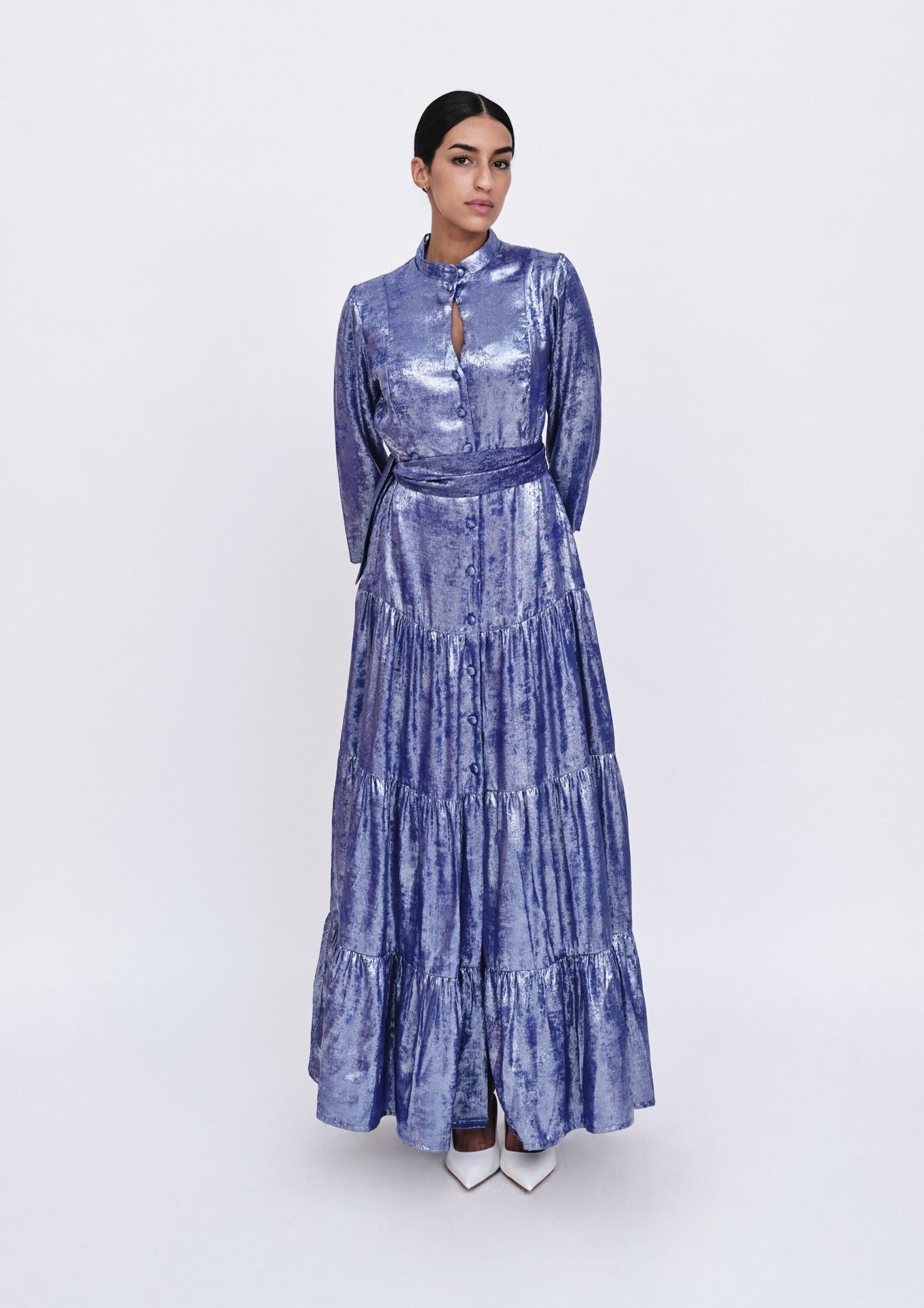 Salvia Metallic-Foil Maxi Shirt Dress