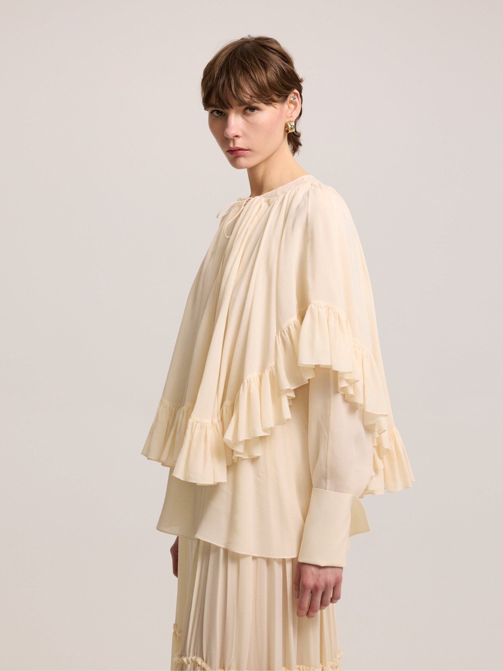 Tulle light beige ruffle blouse