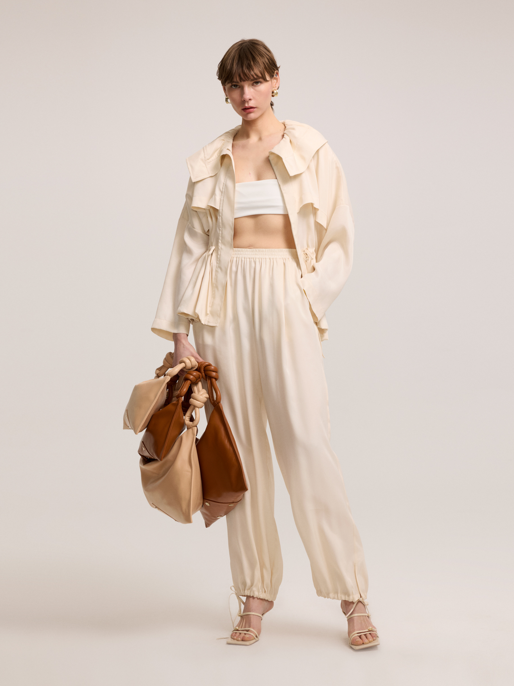 Waist drawstring light beige jacket
