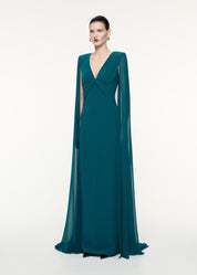 Cape Sleeve Satin Crepe Gown