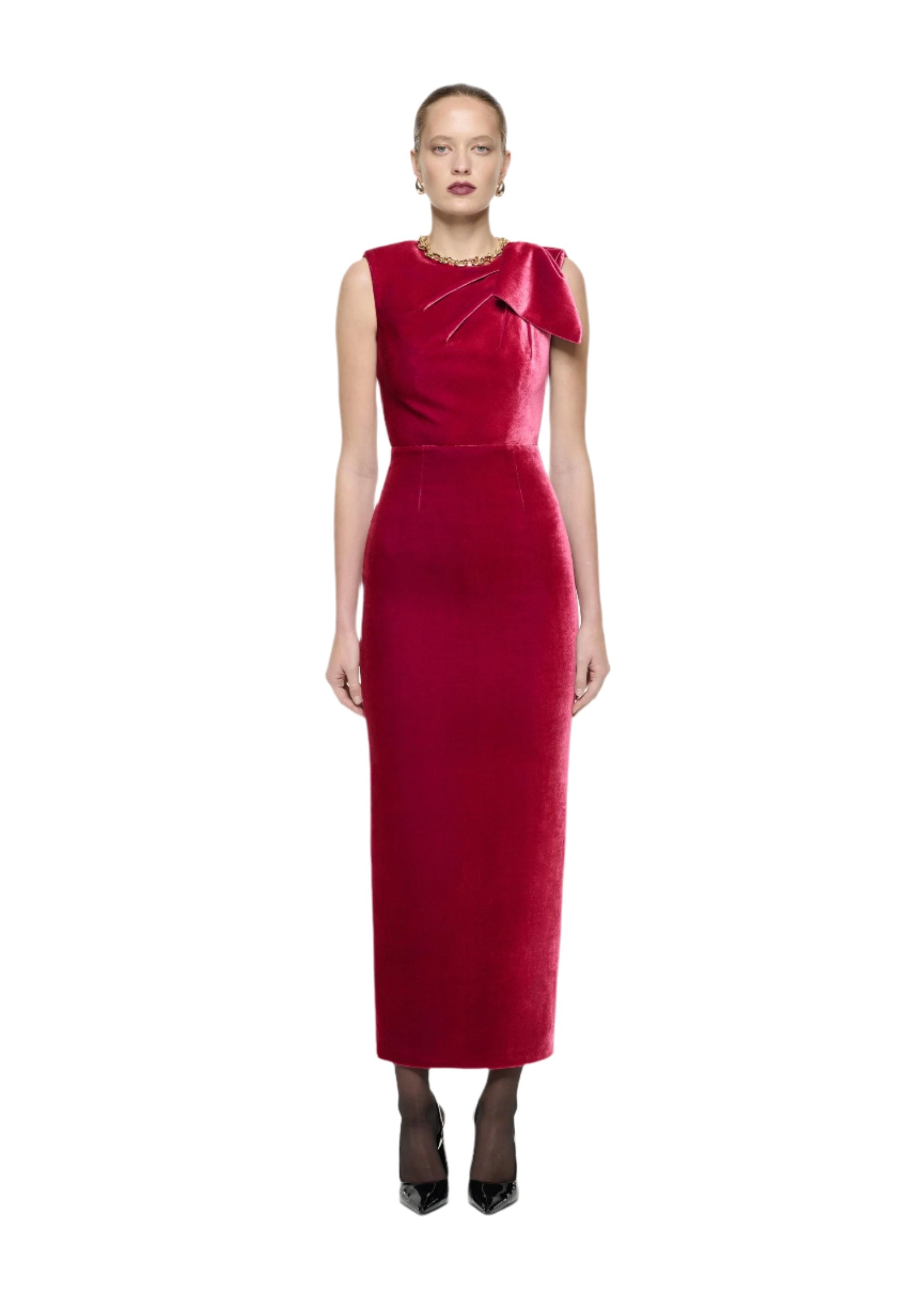 VELVET BOW MAXI DRESS PINK