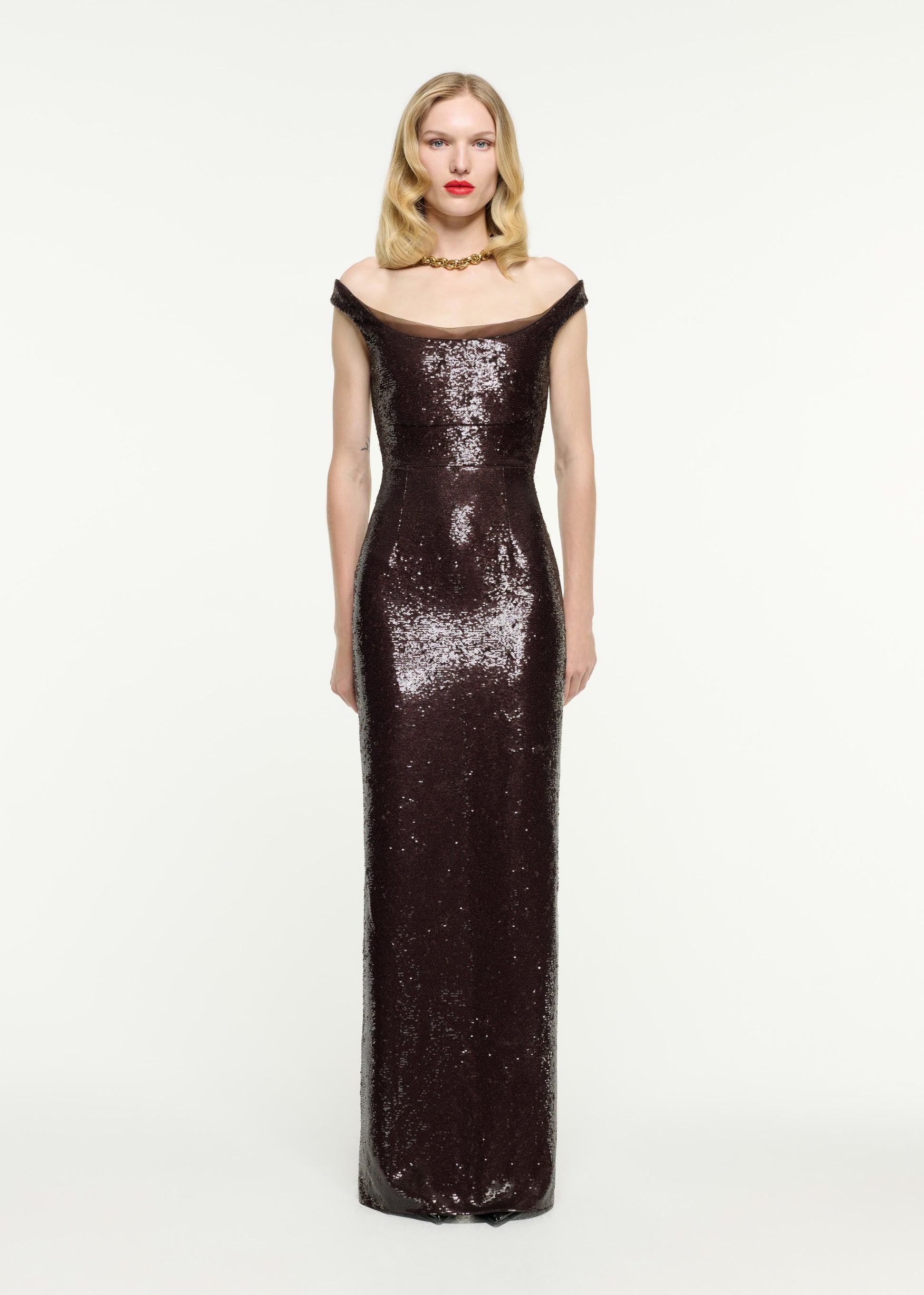 OFF THE SHOULDER SEQUIN GOWN BROWN