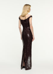 OFF THE SHOULDER SEQUIN GOWN BROWN