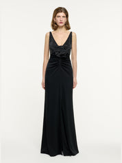 Embellished flower satin crepe gown black
