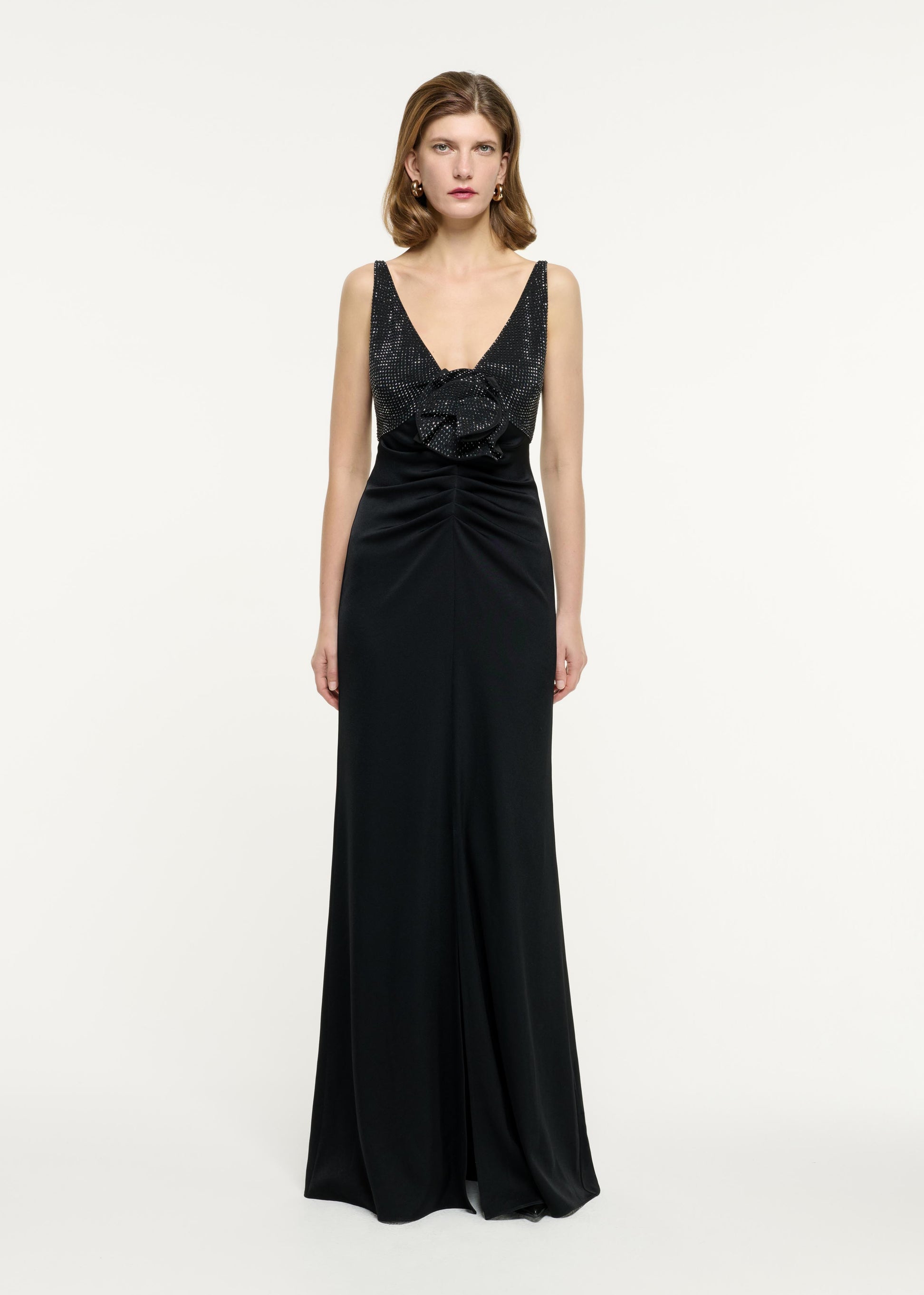 EMBELLISHED FLOWER SATIN CREPE GOWN BLACK