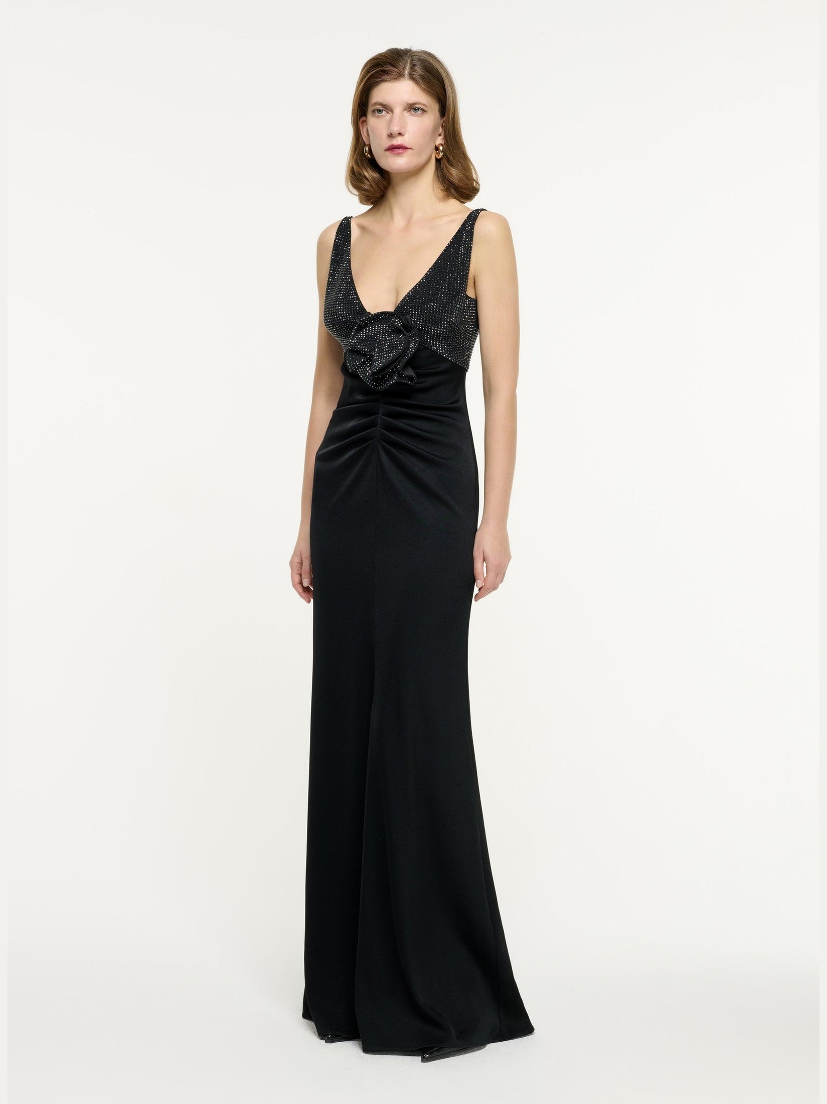 Embellished flower satin crepe gown black