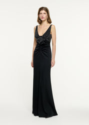 EMBELLISHED FLOWER SATIN CREPE GOWN BLACK