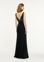 EMBELLISHED FLOWER SATIN CREPE GOWN BLACK