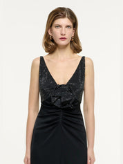 Embellished flower satin crepe gown black