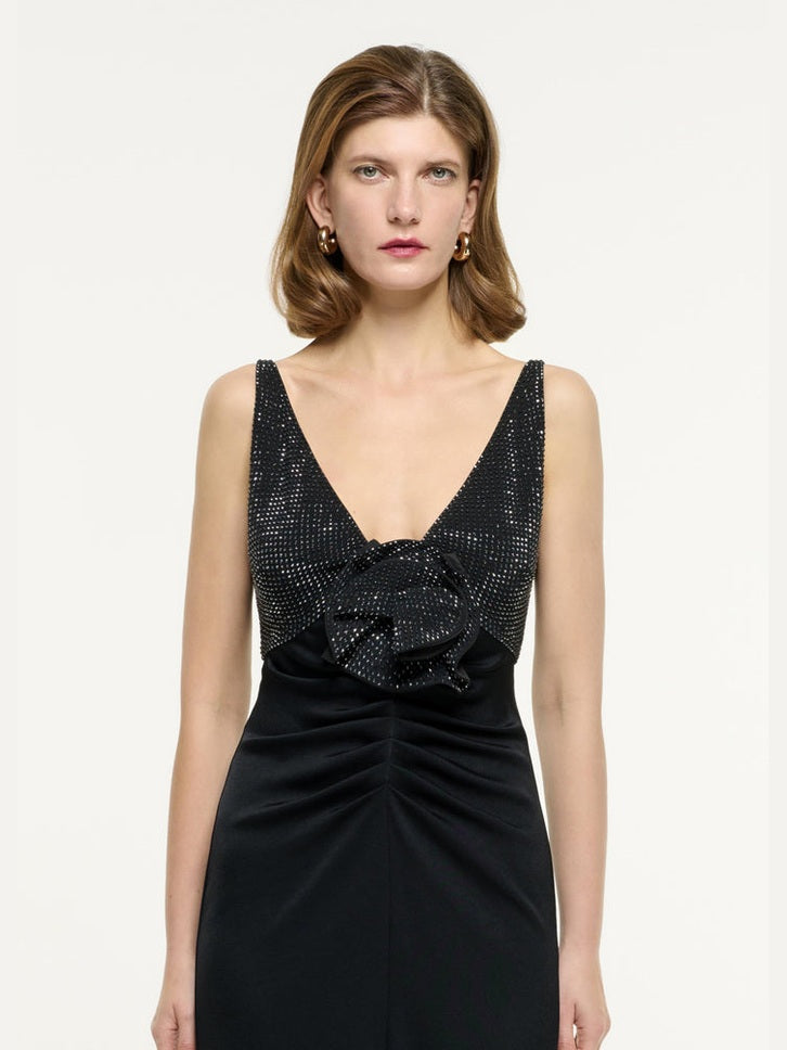 Embellished flower satin crepe gown black