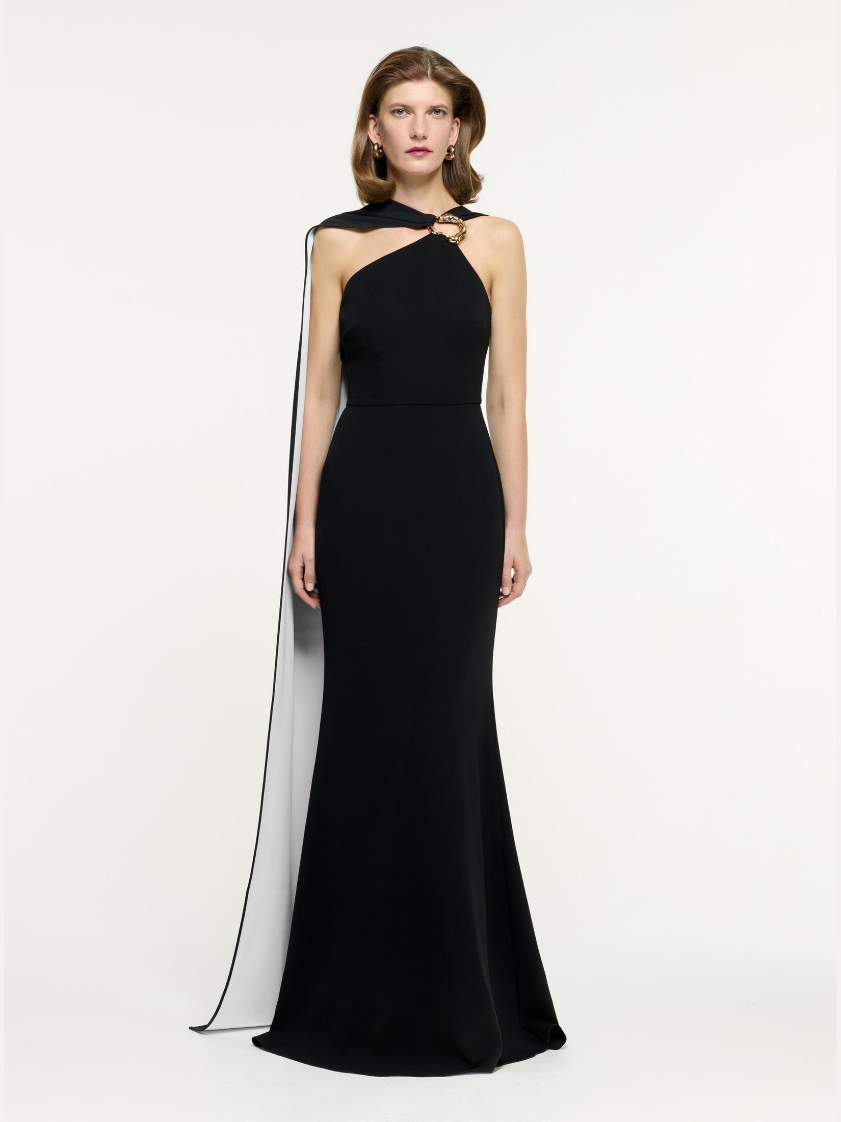 Asymmetric embellished light cady gown monochrome