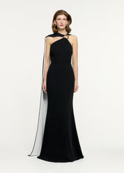 ASYMMETRIC EMBELLISHED LIGHT CADY GOWN MONOCHROME