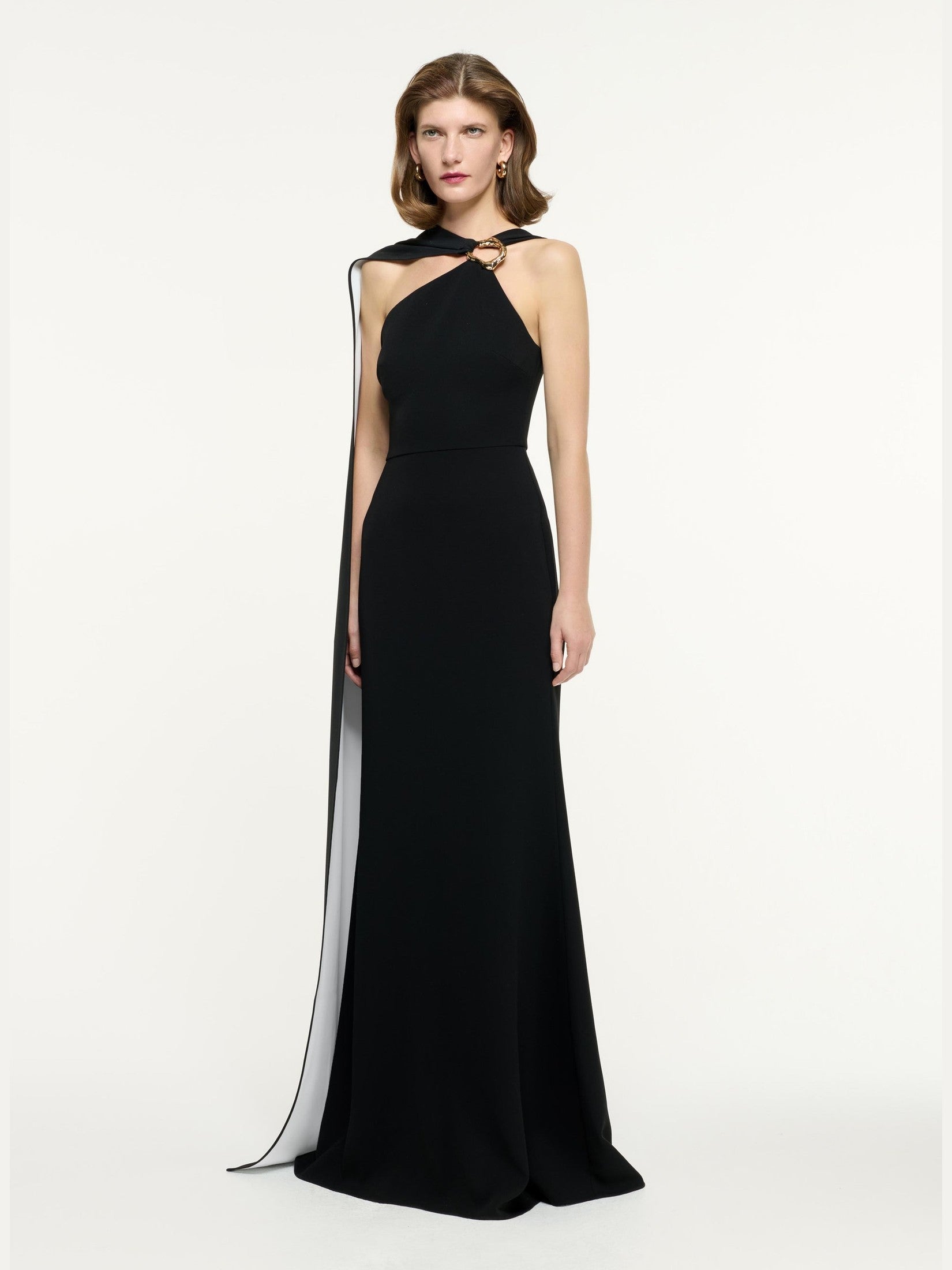 Asymmetric embellished light cady gown monochrome