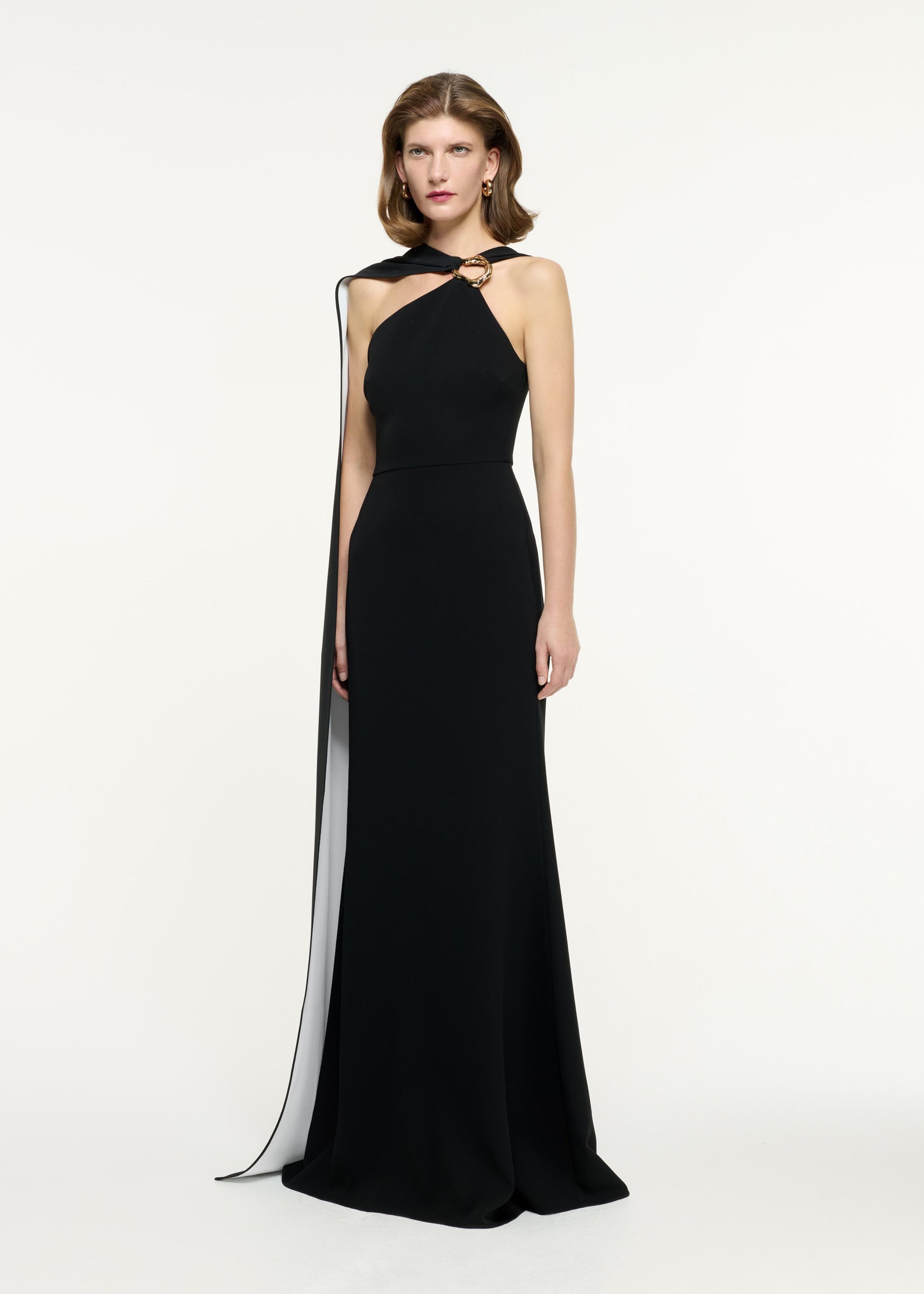 ASYMMETRIC EMBELLISHED LIGHT CADY GOWN MONOCHROME