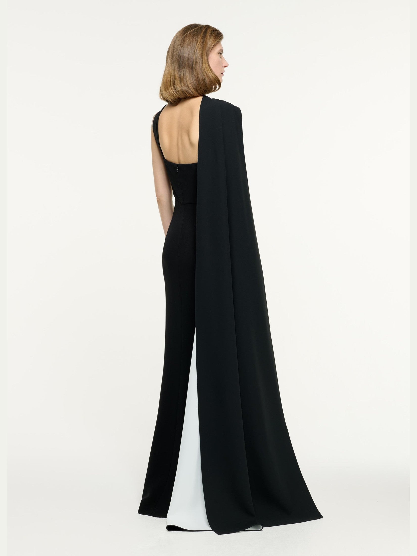 Asymmetric embellished light cady gown monochrome