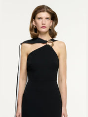 Asymmetric embellished light cady gown monochrome