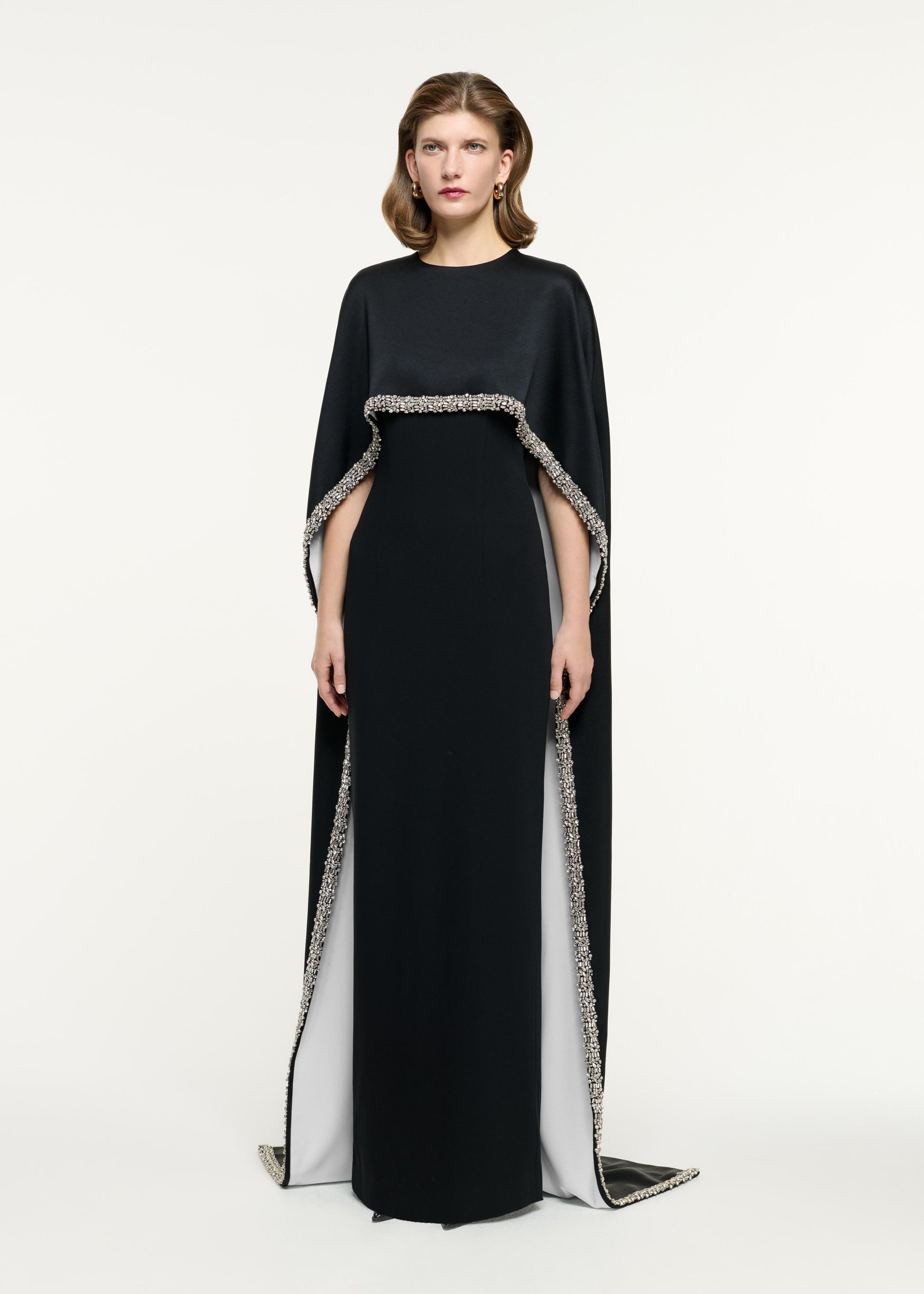 Embellished Cape Satin Crepe Gown