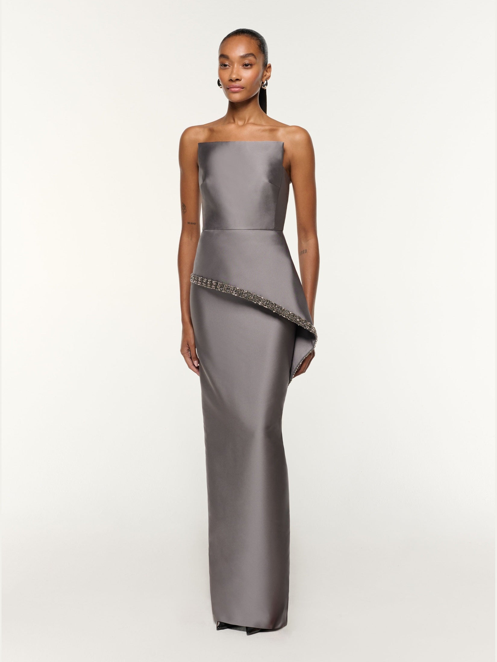 Square neck peplum taffeta gown