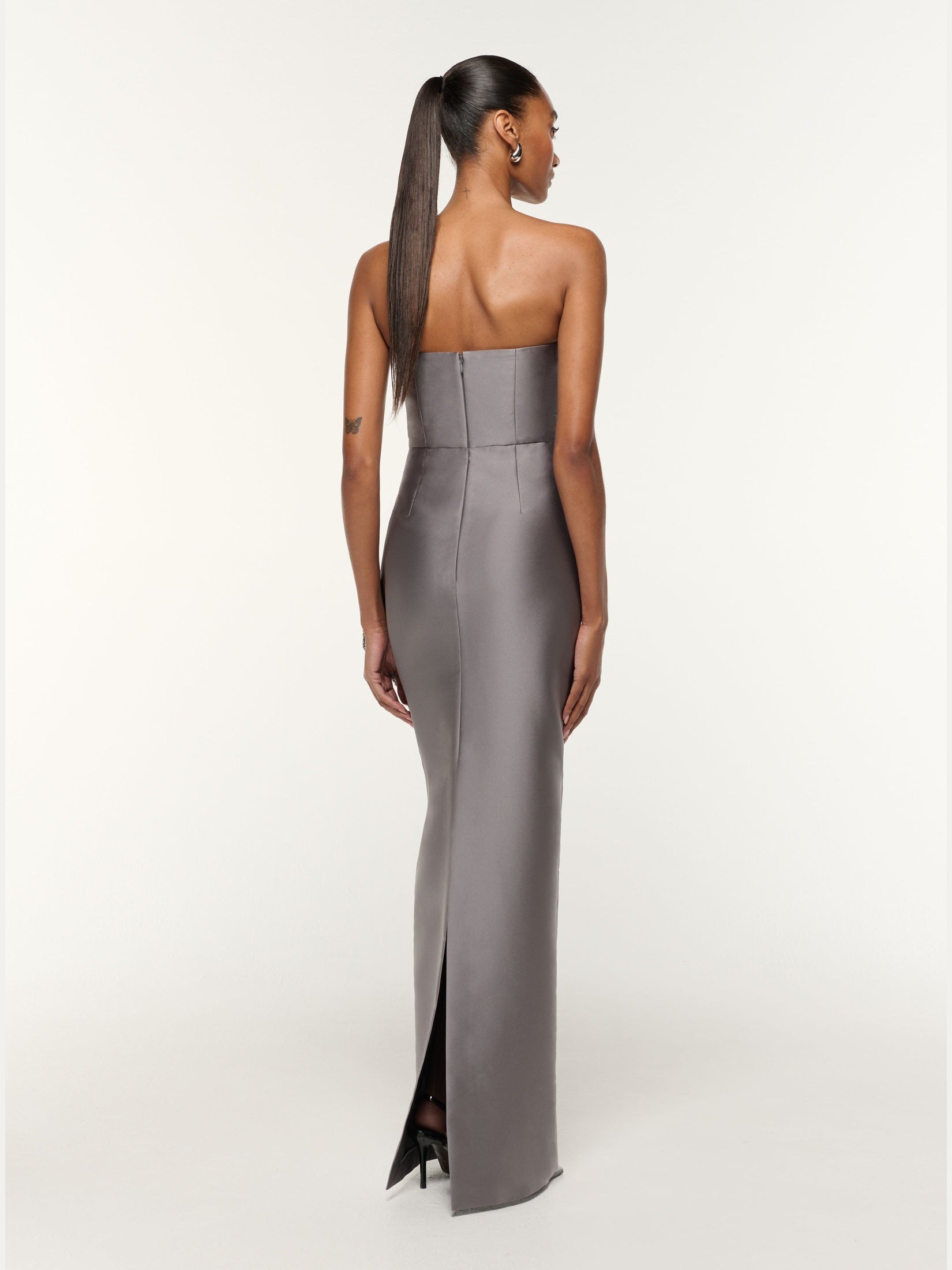 Square neck peplum taffeta gown