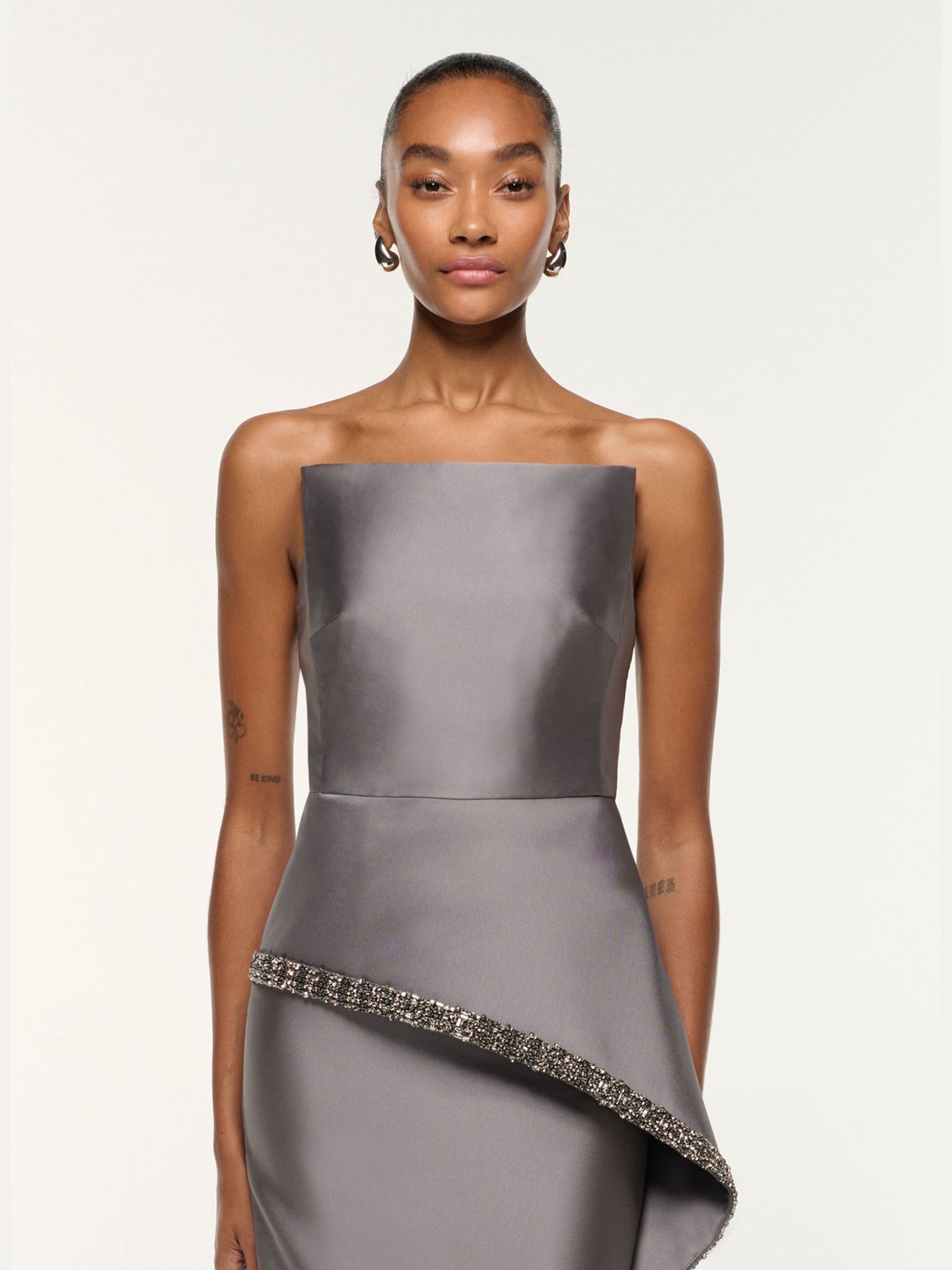 Square neck peplum taffeta gown