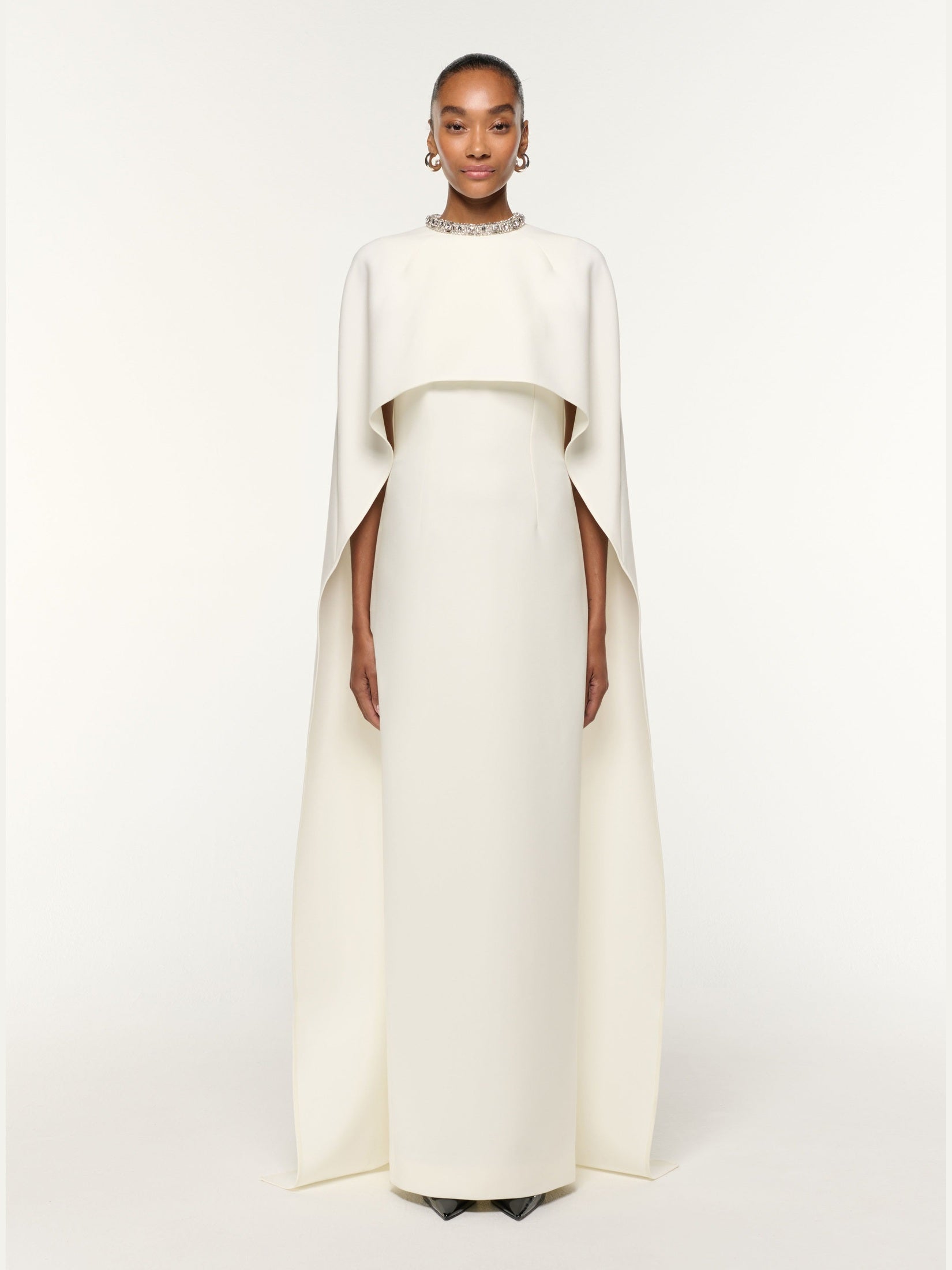 Crystal neckline crepe cape gown
