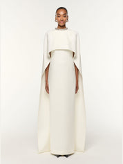 Crystal neckline crepe cape gown