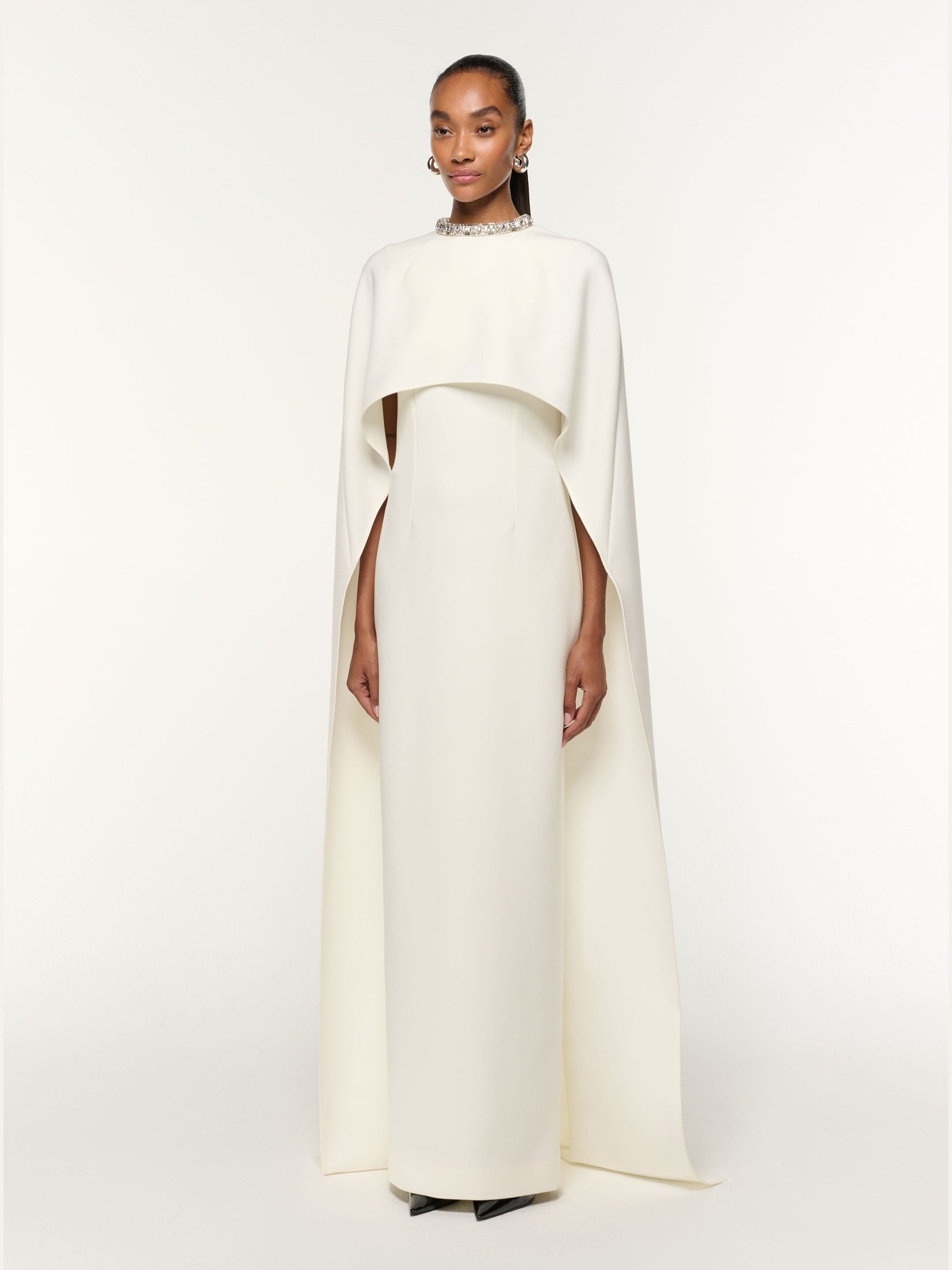 Crystal neckline crepe cape gown