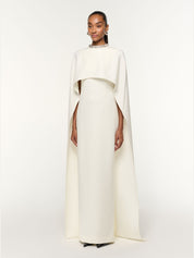 Crystal neckline crepe cape gown