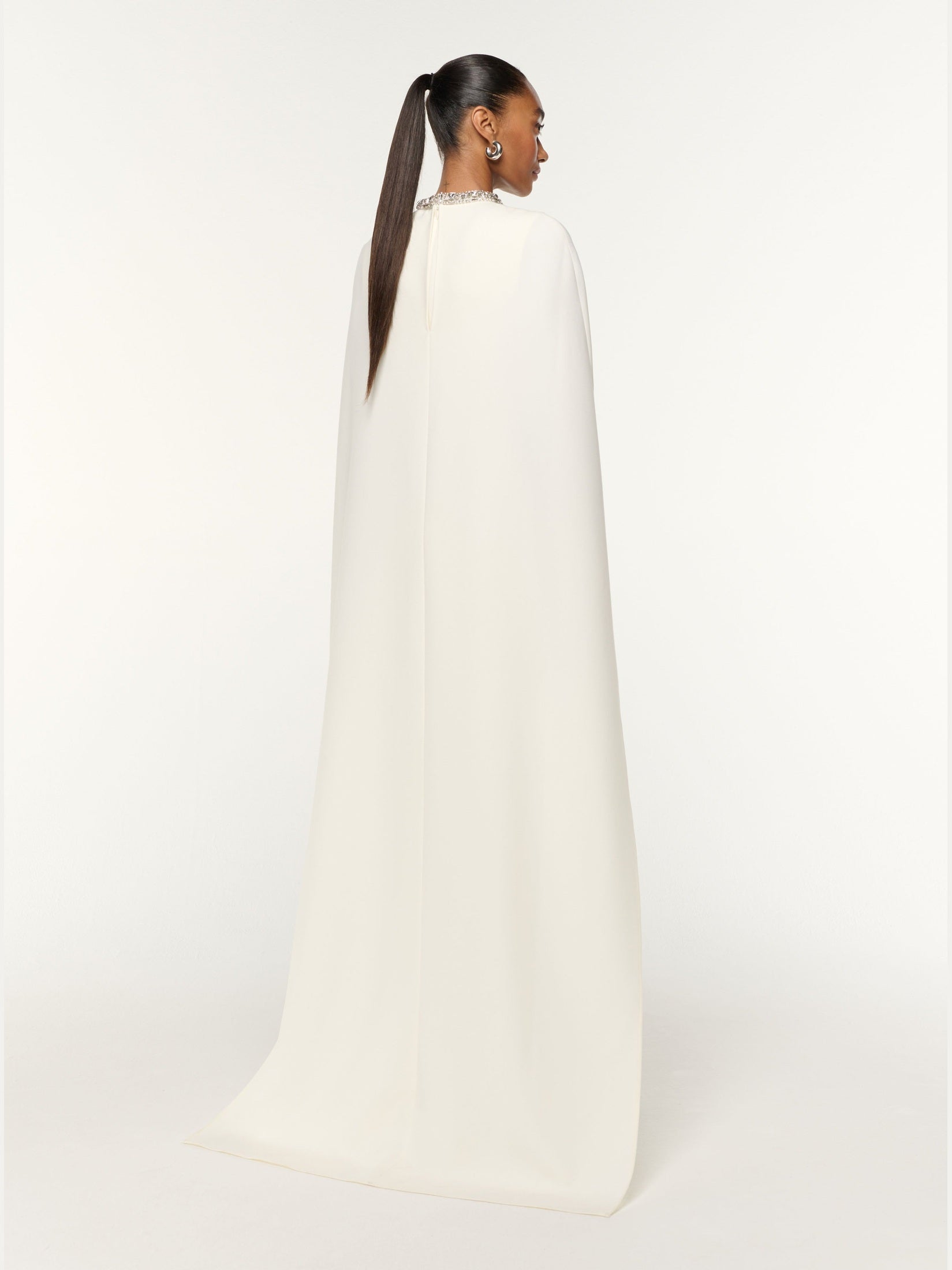 Crystal neckline crepe cape gown