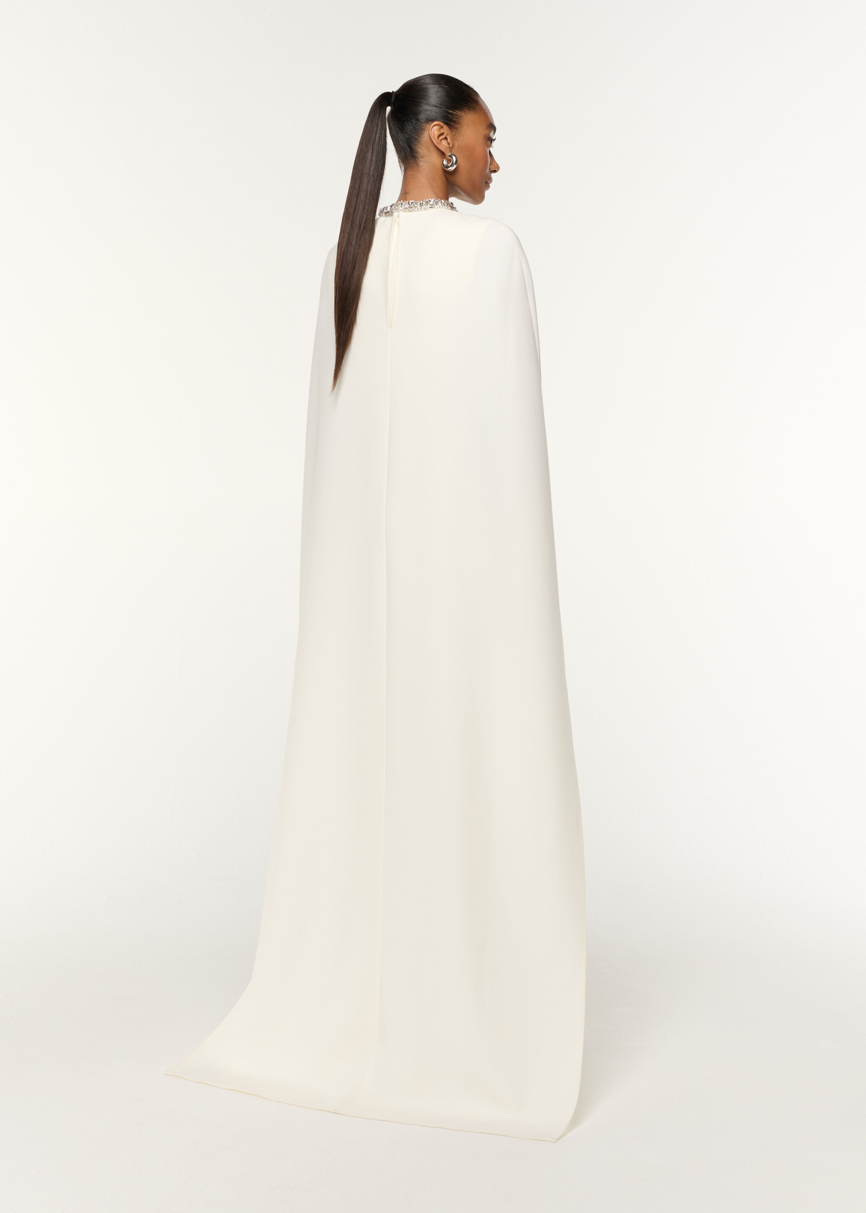 CRYSTAL NECKLINE CREPE CAPE GOWN